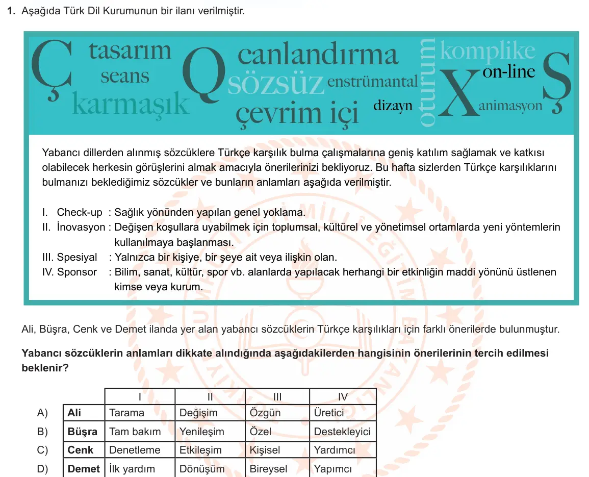 LGS Örnek Soruları Nisan 2022 Sözel Türkçe 1. Soru görseli