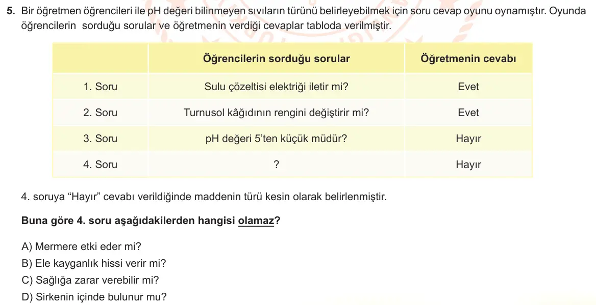 LGS Örnek Soruları Ocak 2022 Sayısal Fen Bilimleri 5. Soru görseli