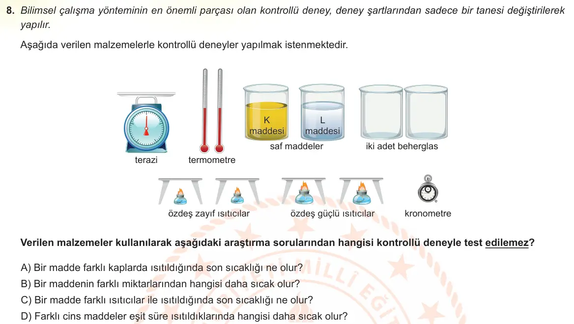 LGS Örnek Soruları Ocak 2022 Sayısal Fen Bilimleri 8. Soru görseli