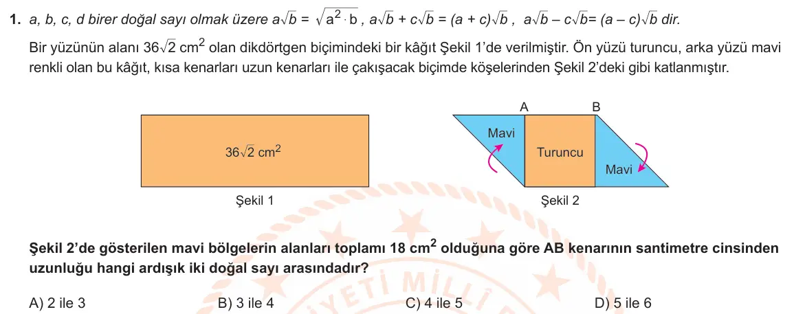 LGS Örnek Soruları Ocak 2022 Sayısal Matematik 1. Soru görseli