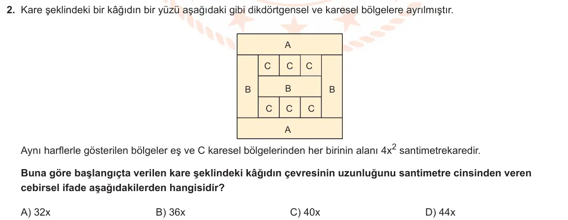 LGS Örnek Soruları Ocak 2022 Sayısal Matematik 2. Soru görseli