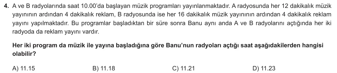 LGS Örnek Soruları Ocak 2022 Sayısal Matematik 4. Soru görseli