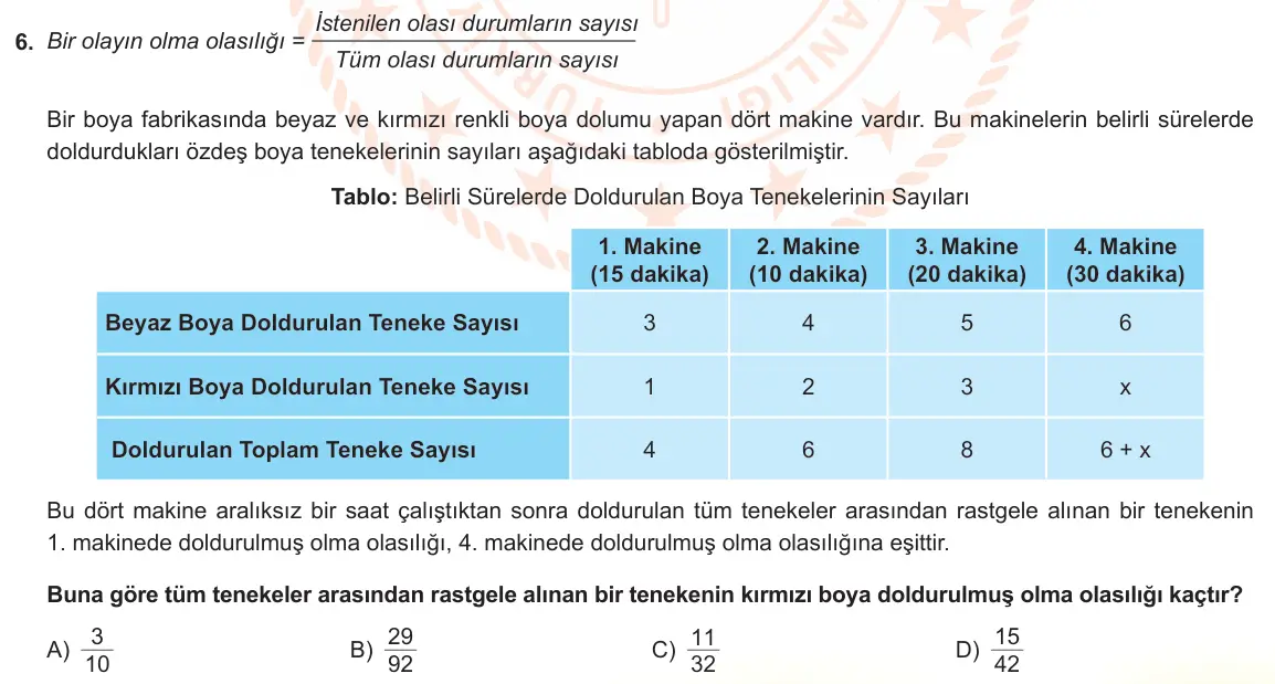 LGS Örnek Soruları Ocak 2022 Sayısal Matematik 6. Soru görseli