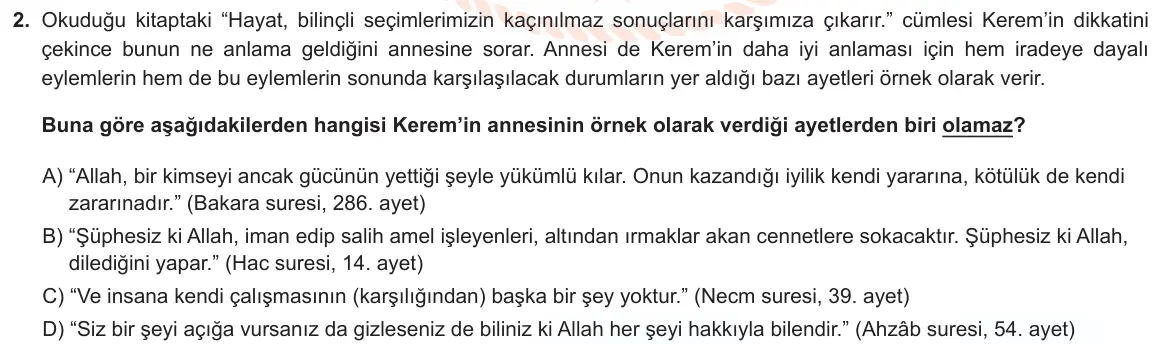 LGS Örnek Soruları Ocak 2022 Sözel Din Kültürü ve Ahlak Bilgisi 2. Soru görseli