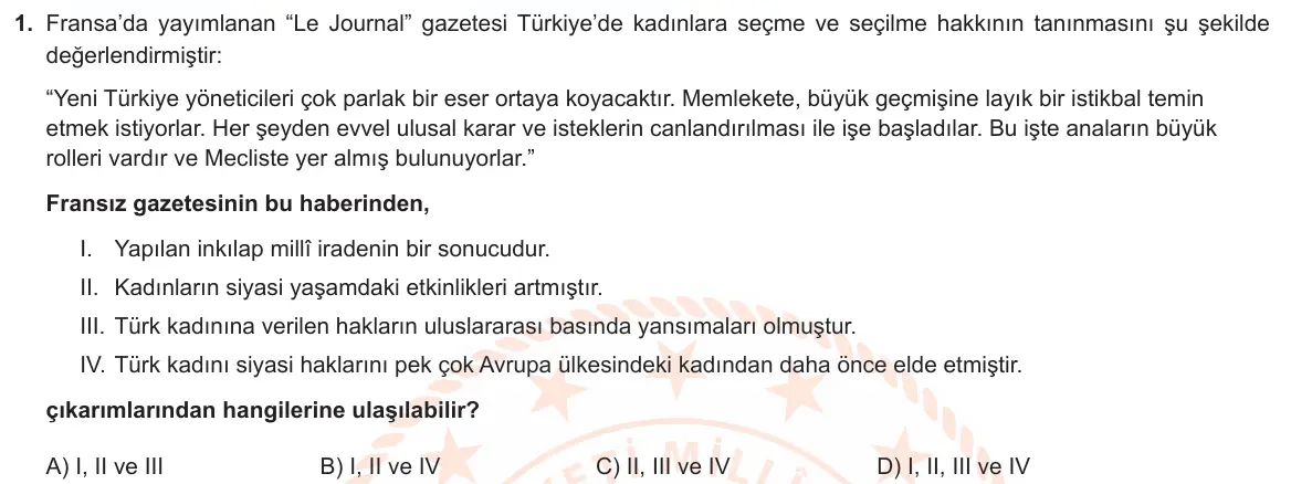 LGS Örnek Soruları Ocak 2022 Sözel T.C. İnkılap Tarihi ve Atatürkçülük 1. Soru görseli