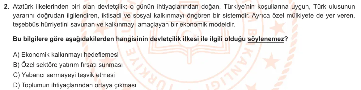 LGS Örnek Soruları Ocak 2022 Sözel T.C. İnkılap Tarihi ve Atatürkçülük 2. Soru görseli