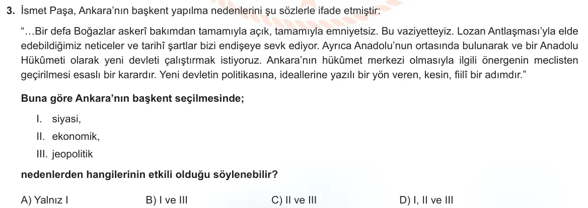 LGS Örnek Soruları Ocak 2022 Sözel T.C. İnkılap Tarihi ve Atatürkçülük 3. Soru görseli
