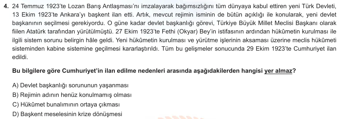 LGS Örnek Soruları Ocak 2022 Sözel T.C. İnkılap Tarihi ve Atatürkçülük 4. Soru görseli
