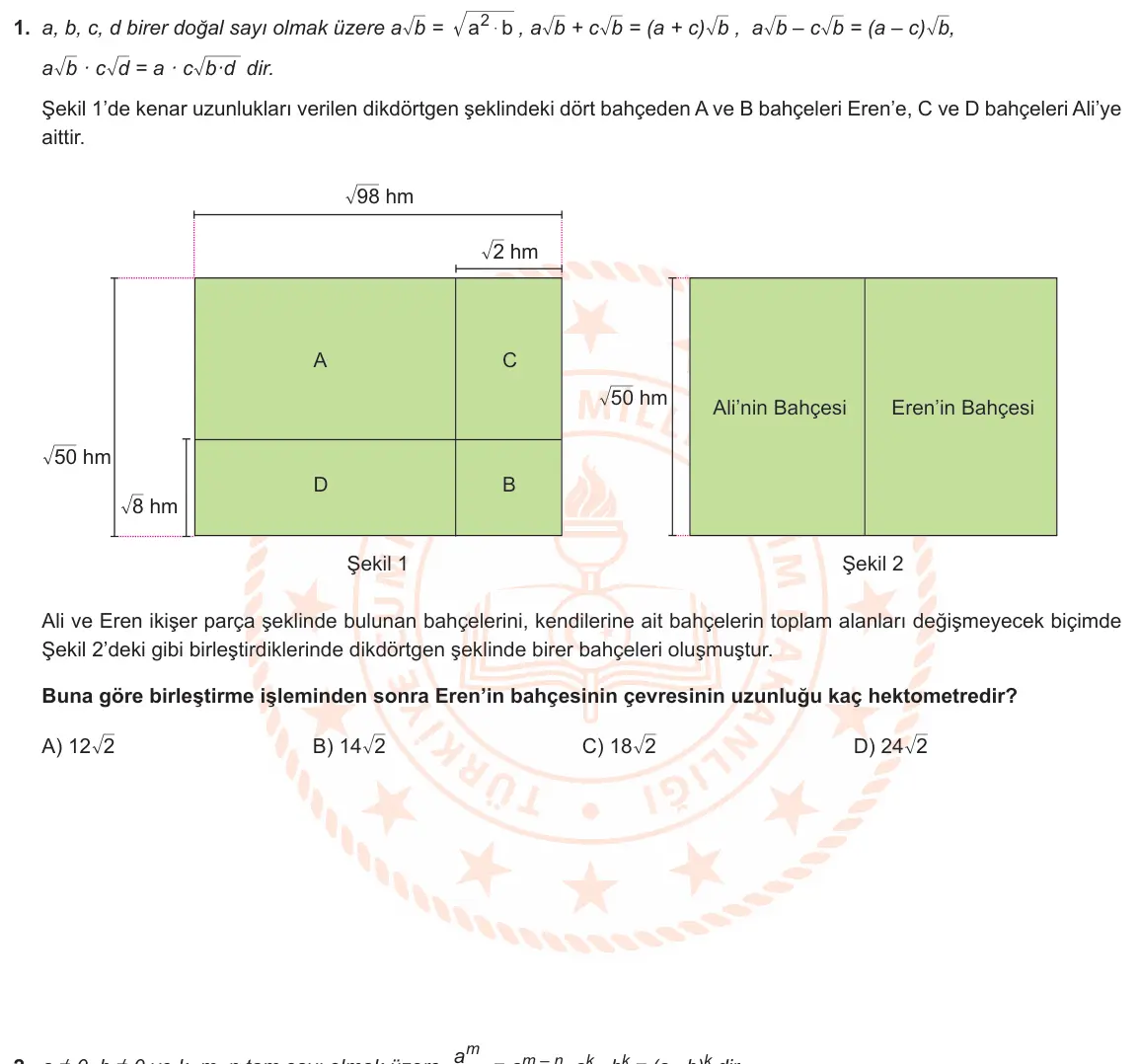 LGS Örnek Soruları Şubat 2022 Sayısal Matematik 1. Soru görseli