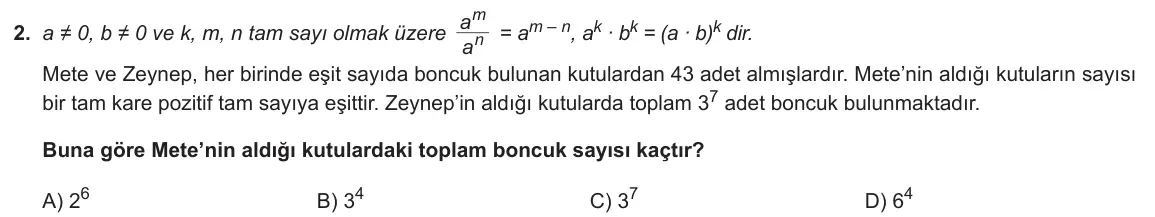 LGS Örnek Soruları Şubat 2022 Sayısal Matematik 2. Soru görseli