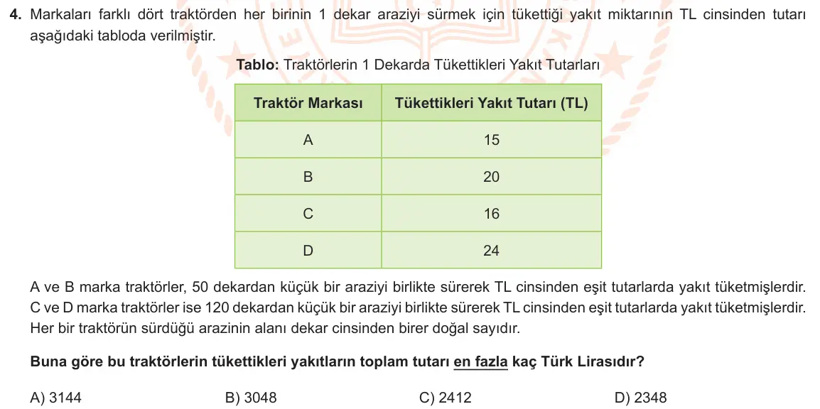 LGS Örnek Soruları Şubat 2022 Sayısal Matematik 4. Soru görseli