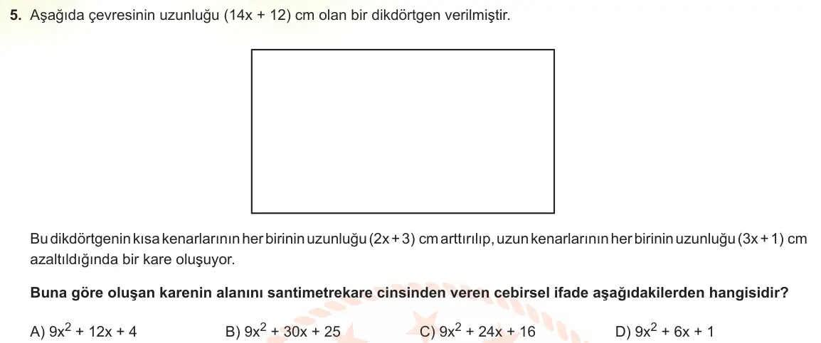 LGS Örnek Soruları Şubat 2022 Sayısal Matematik 5. Soru görseli