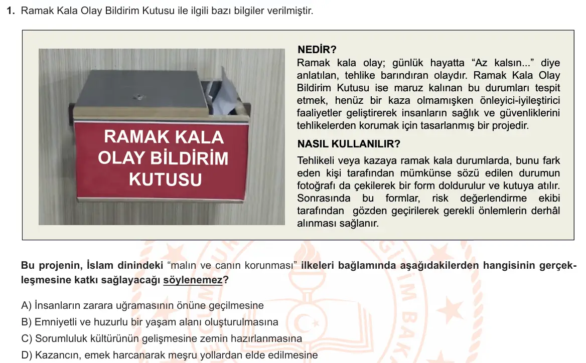 LGS Örnek Soruları Şubat 2022 Sözel Din Kültürü ve Ahlak Bilgisi 1. Soru görseli