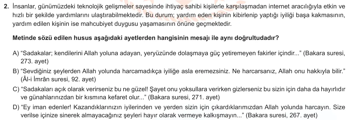 LGS Örnek Soruları Şubat 2022 Sözel Din Kültürü ve Ahlak Bilgisi 2. Soru görseli