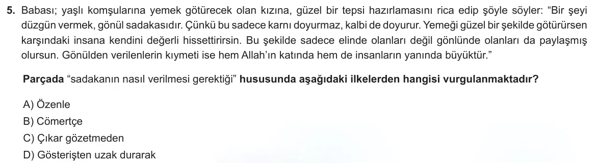 LGS Örnek Soruları Şubat 2022 Sözel Din Kültürü ve Ahlak Bilgisi 5. Soru görseli