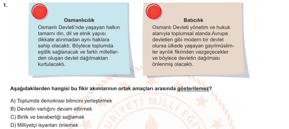LGS Örnek Soruları Şubat 2022 Sözel T.C. İnkılap Tarihi ve Atatürkçülük 1. Soru görseli