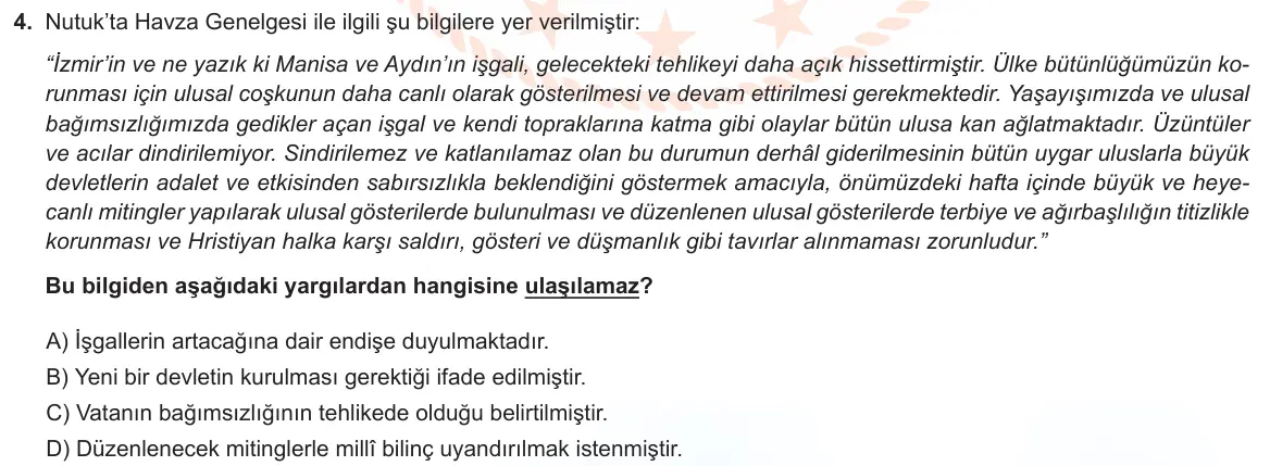 LGS Örnek Soruları Şubat 2022 Sözel T.C. İnkılap Tarihi ve Atatürkçülük 4. Soru görseli