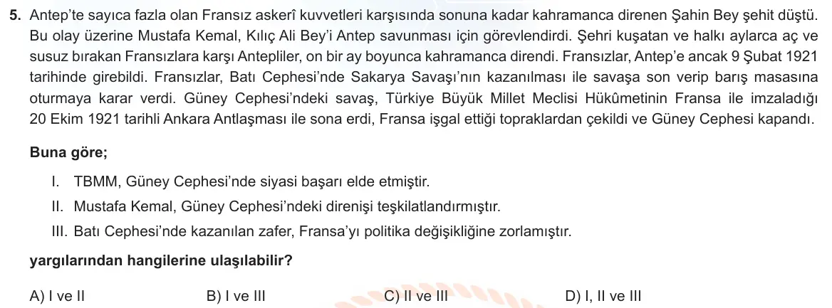 LGS Örnek Soruları Şubat 2022 Sözel T.C. İnkılap Tarihi ve Atatürkçülük 5. Soru görseli