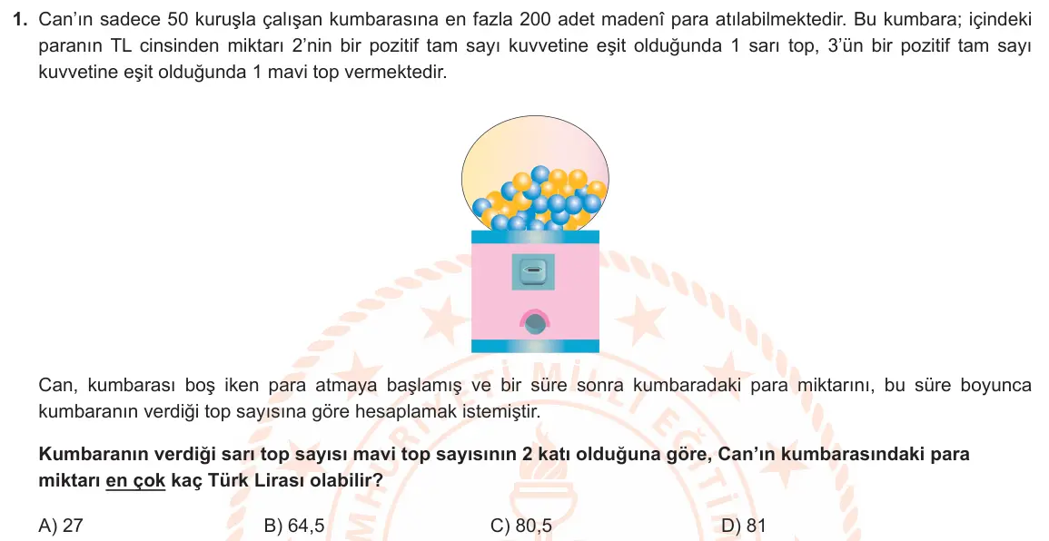 LGS Örnek Soruları Aralık 2022 Sayısal Matematik 1. Soru görseli
