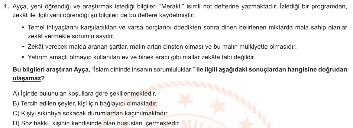 LGS Örnek Soruları Aralık 2022 Sözel Din Kültürü ve Ahlak Bilgisi 1. Soru görseli