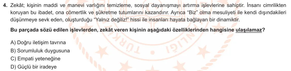 LGS Örnek Soruları Aralık 2022 Sözel Din Kültürü ve Ahlak Bilgisi 4. Soru görseli