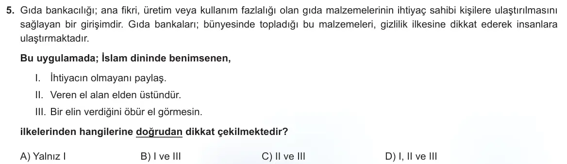LGS Örnek Soruları Aralık 2022 Sözel Din Kültürü ve Ahlak Bilgisi 5. Soru görseli