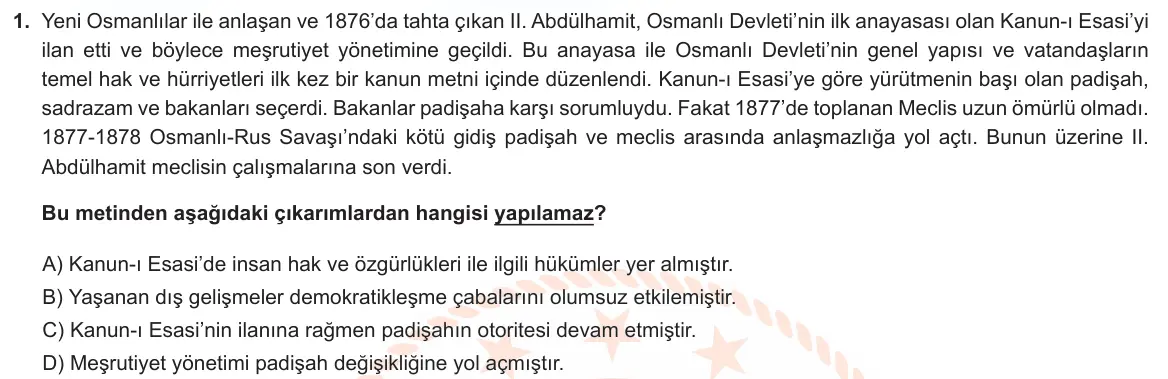 LGS Örnek Soruları Aralık 2022 Sözel T.C. İnkılap Tarihi ve Atatürkçülük 1. Soru görseli