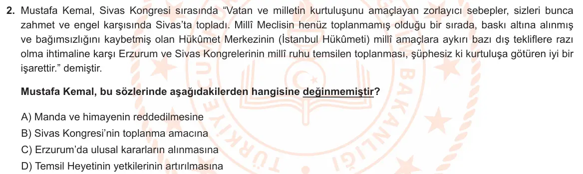 LGS Örnek Soruları Aralık 2022 Sözel T.C. İnkılap Tarihi ve Atatürkçülük 2. Soru görseli
