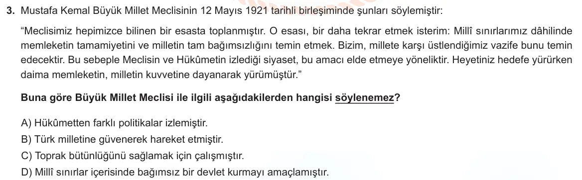 LGS Örnek Soruları Aralık 2022 Sözel T.C. İnkılap Tarihi ve Atatürkçülük 3. Soru görseli