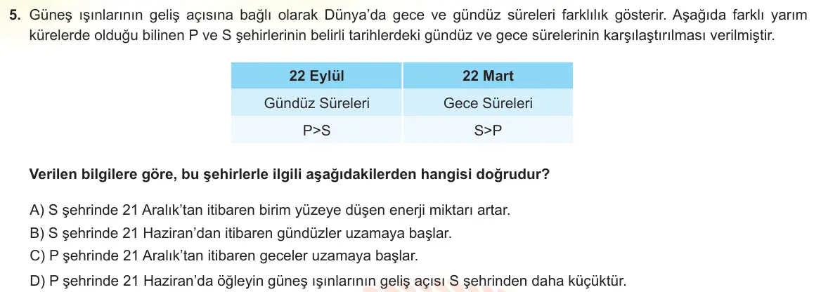 LGS Örnek Soruları Ekim 2022 Sayısal Fen Bilimleri 5. Soru görseli