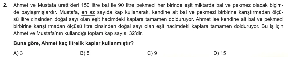 LGS Örnek Soruları Ekim 2022 Sayısal Matematik 2. Soru görseli