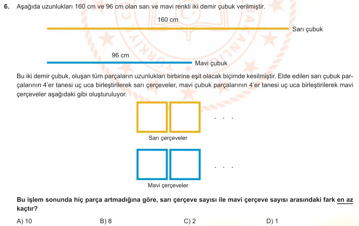 LGS Örnek Soruları Ekim 2022 Sayısal Matematik 6. Soru görseli (1/2)
