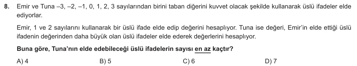 LGS Örnek Soruları Ekim 2022 Sayısal Matematik 8. Soru görseli