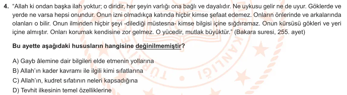 LGS Örnek Soruları Ekim 2022 Sözel Din Kültürü ve Ahlak Bilgisi 4. Soru görseli