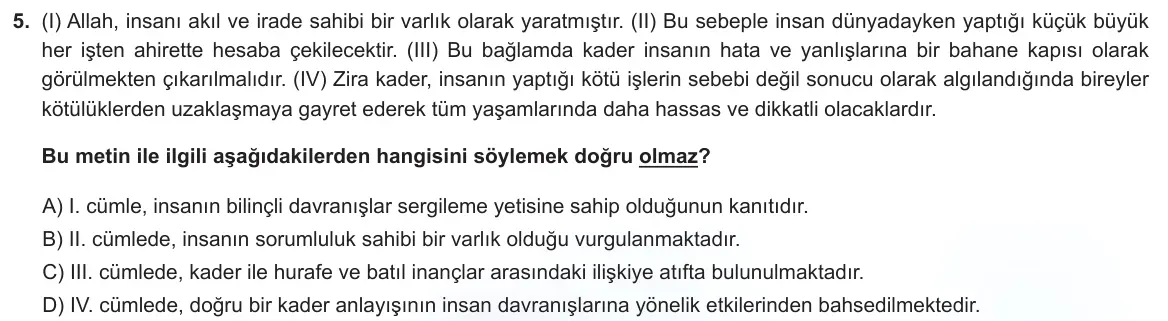 LGS Örnek Soruları Ekim 2022 Sözel Din Kültürü ve Ahlak Bilgisi 5. Soru görseli