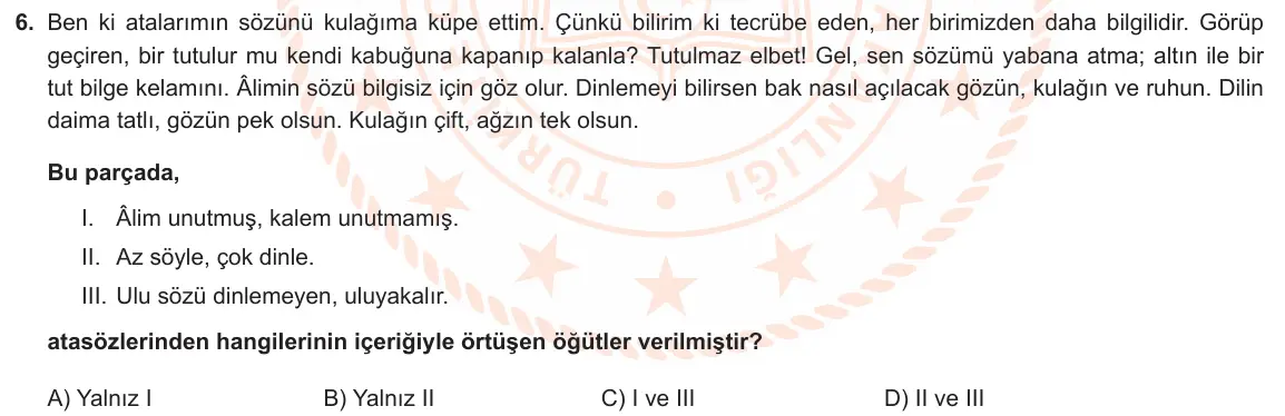 LGS Örnek Soruları Ekim 2022 Sözel Türkçe 6. Soru görseli