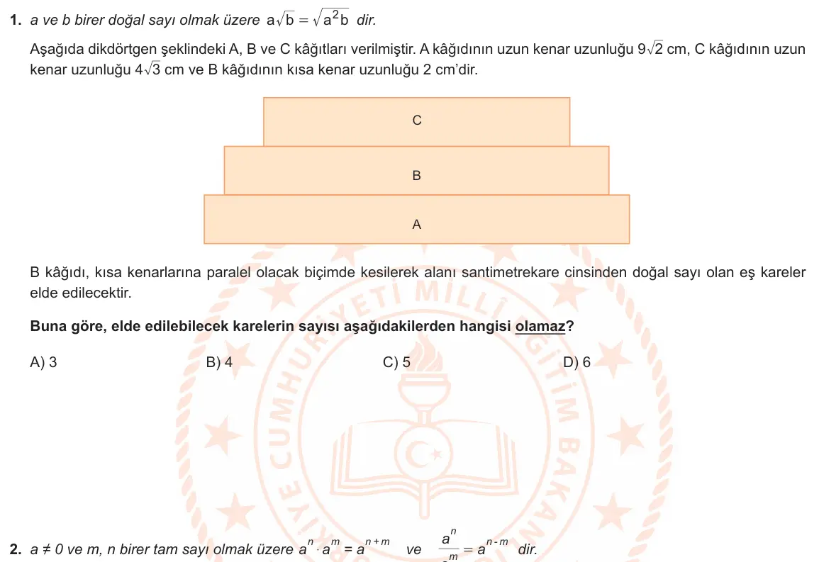LGS Örnek Soruları Kasım 2022 Sayısal Matematik 1. Soru görseli