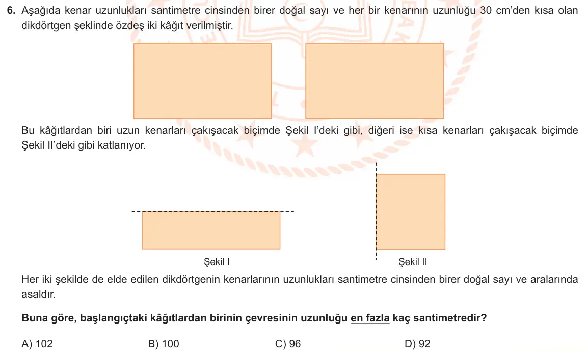 LGS Örnek Soruları Kasım 2022 Sayısal Matematik 6. Soru görseli