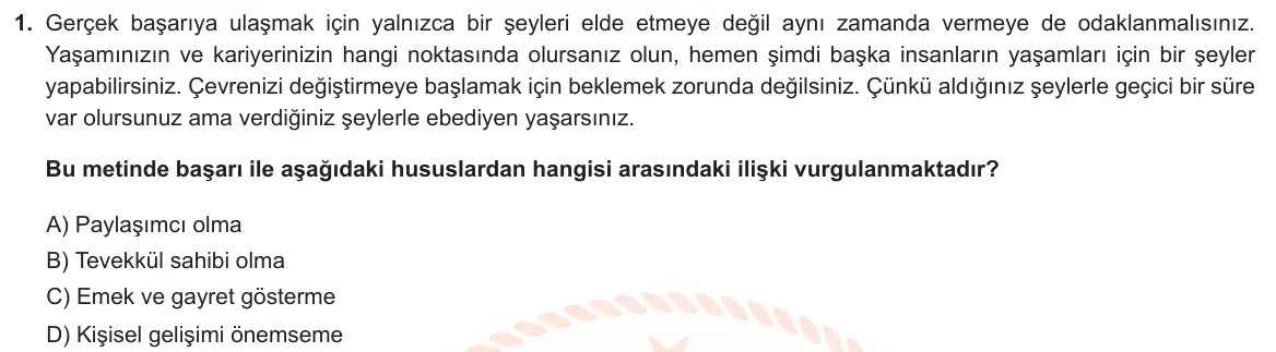 LGS Örnek Soruları Kasım 2022 Sözel Din Kültürü ve Ahlak Bilgisi 1. Soru görseli