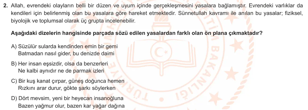 LGS Örnek Soruları Kasım 2022 Sözel Din Kültürü ve Ahlak Bilgisi 2. Soru görseli