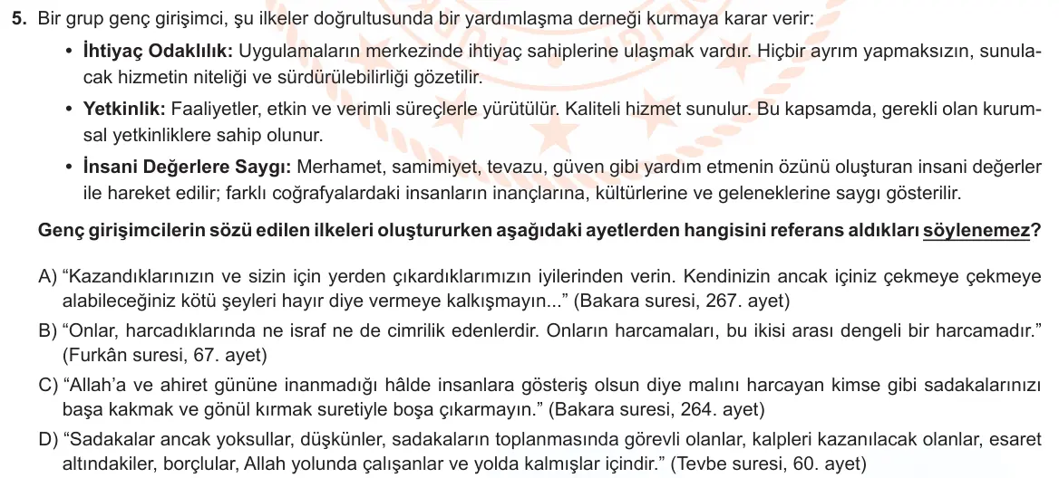LGS Örnek Soruları Kasım 2022 Sözel Din Kültürü ve Ahlak Bilgisi 5. Soru görseli