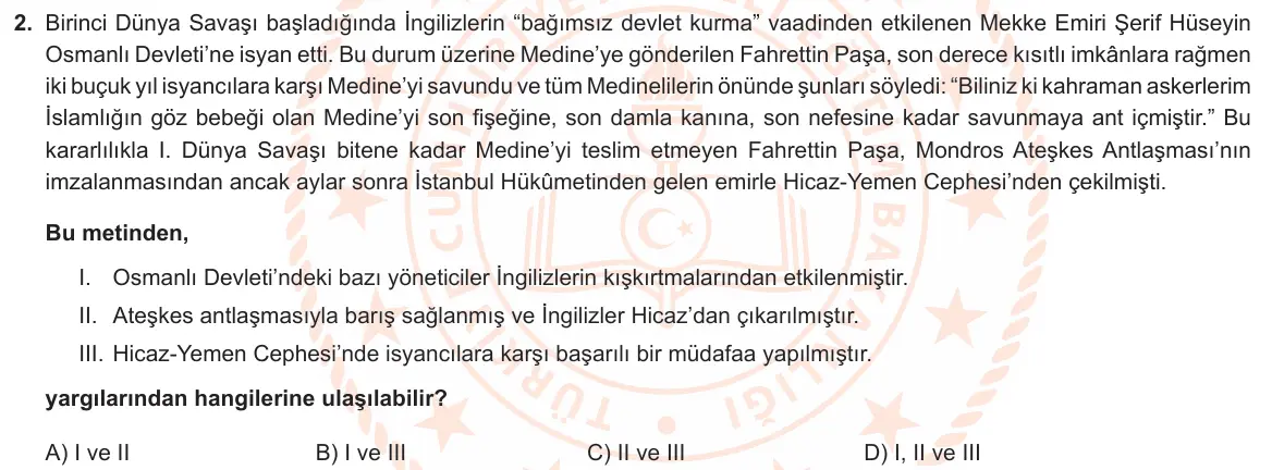LGS Örnek Soruları Kasım 2022 Sözel T.C. İnkılap Tarihi ve Atatürkçülük 2. Soru görseli