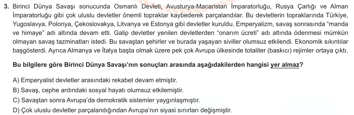 LGS Örnek Soruları Kasım 2022 Sözel T.C. İnkılap Tarihi ve Atatürkçülük 3. Soru görseli