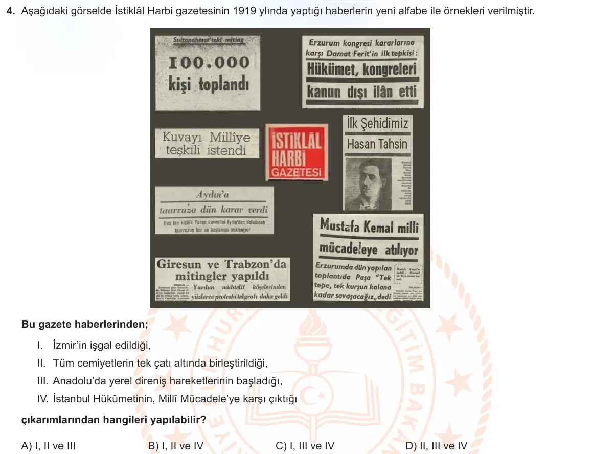 LGS Örnek Soruları Kasım 2022 Sözel T.C. İnkılap Tarihi ve Atatürkçülük 4. Soru görseli