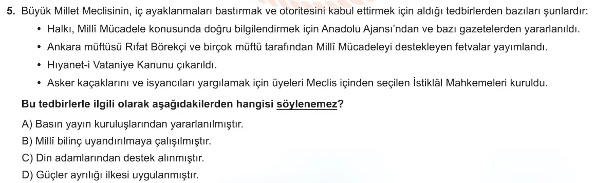 LGS Örnek Soruları Kasım 2022 Sözel T.C. İnkılap Tarihi ve Atatürkçülük 5. Soru görseli