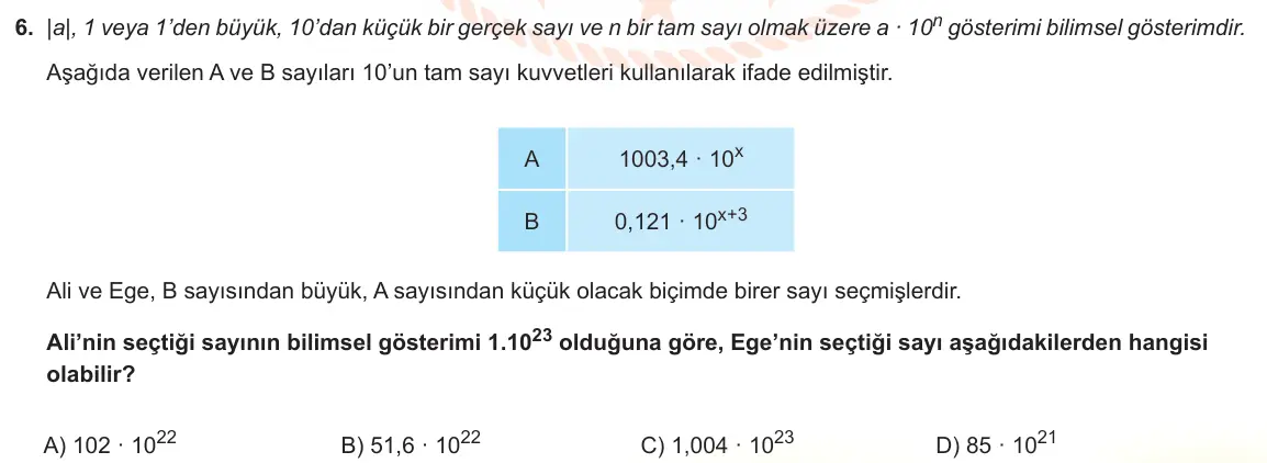 LGS Örnek Soruları Mart 2023 Sayısal Matematik 6. Soru görseli