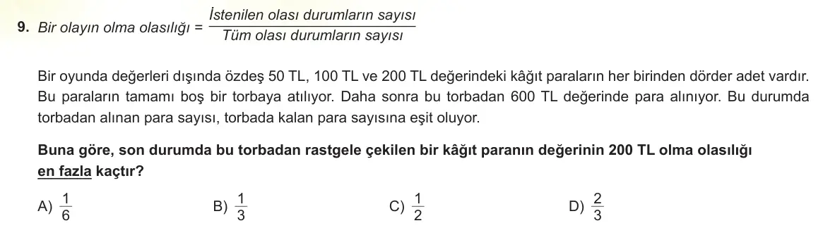LGS Örnek Soruları Mart 2023 Sayısal Matematik 9. Soru görseli