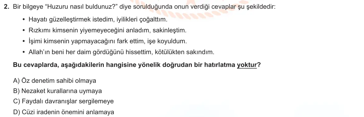 LGS Örnek Soruları Mart 2023 Sözel Din Kültürü ve Ahlak Bilgisi 2. Soru görseli