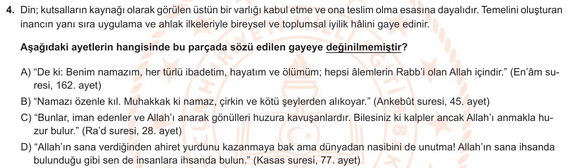 LGS Örnek Soruları Mart 2023 Sözel Din Kültürü ve Ahlak Bilgisi 4. Soru görseli