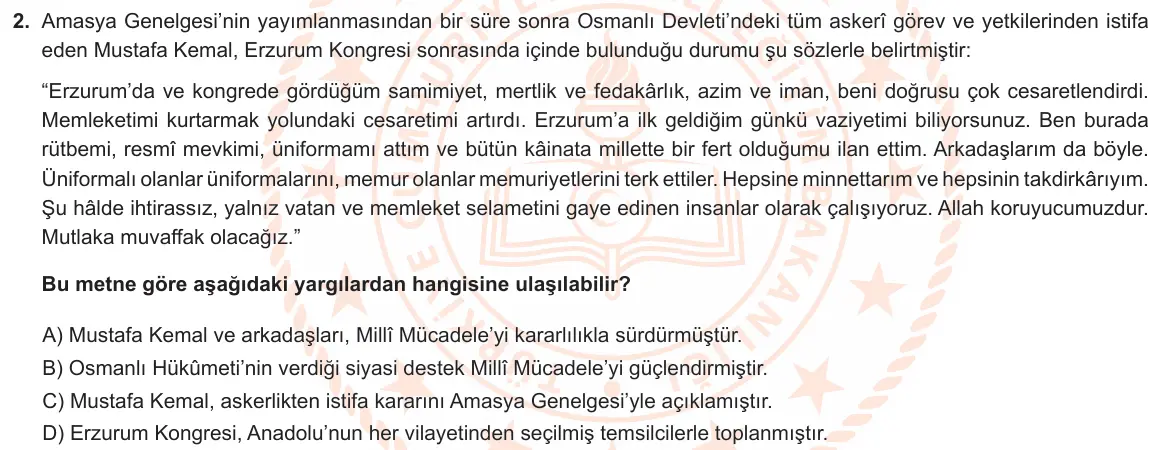 LGS Örnek Soruları Mart 2023 Sözel T.C. İnkılap Tarihi ve Atatürkçülük 2. Soru görseli